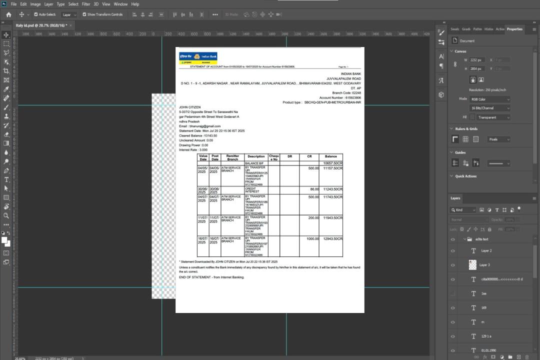 Modèle Word et PDF de relevé de compte de l'Indian Bank Allahabad, version 2 template